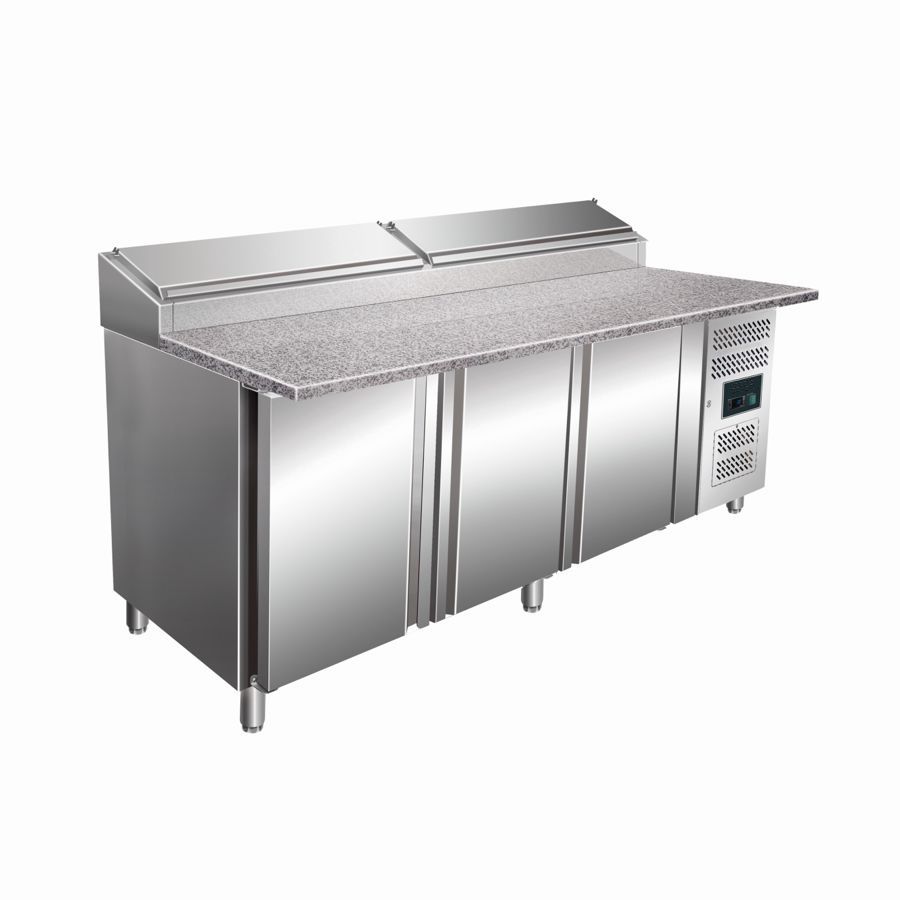REFRIGERATED PIZZA PREPARATION COUNTER WITH 3 DOORS & COLD WELL 11 x GN 1/3