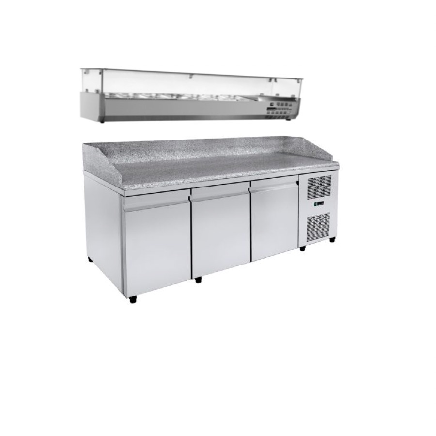 REFRIGERATED PIZZA PREPARATION COUNTER 3 DOORS WITH COLD DISPLAY