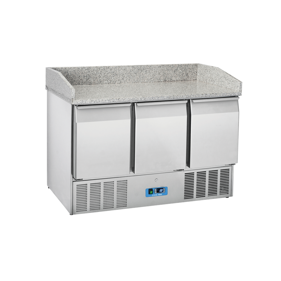 REFRIGERATED PIZZA PREPARATION COUNTER WITH 3 DOORS COMPRESSOR AT BOTTOM