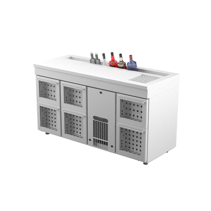 REFRIGERATED BAR COUNTER WITH ICE WELL & BOTTLES HOLDER, GLASS DRAWERS 1600mm