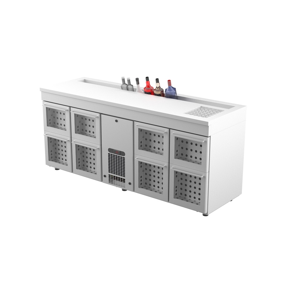 REFRIGERATED BAR COUNTER WITH ICE WELL & BOTTLES HOLDER, GLASS DRAWERS 2000mm