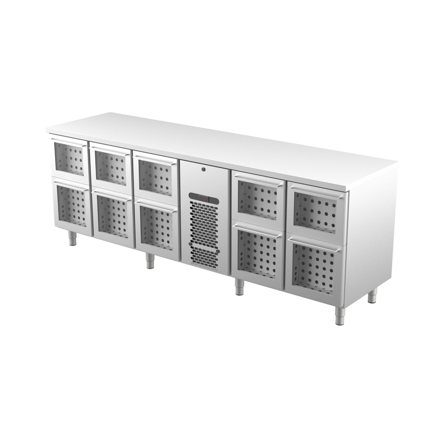 REFRIGERATED BAR COUNTER FOR BEVERAGES WITH 10 GLASS DRAWERS 2400mm
