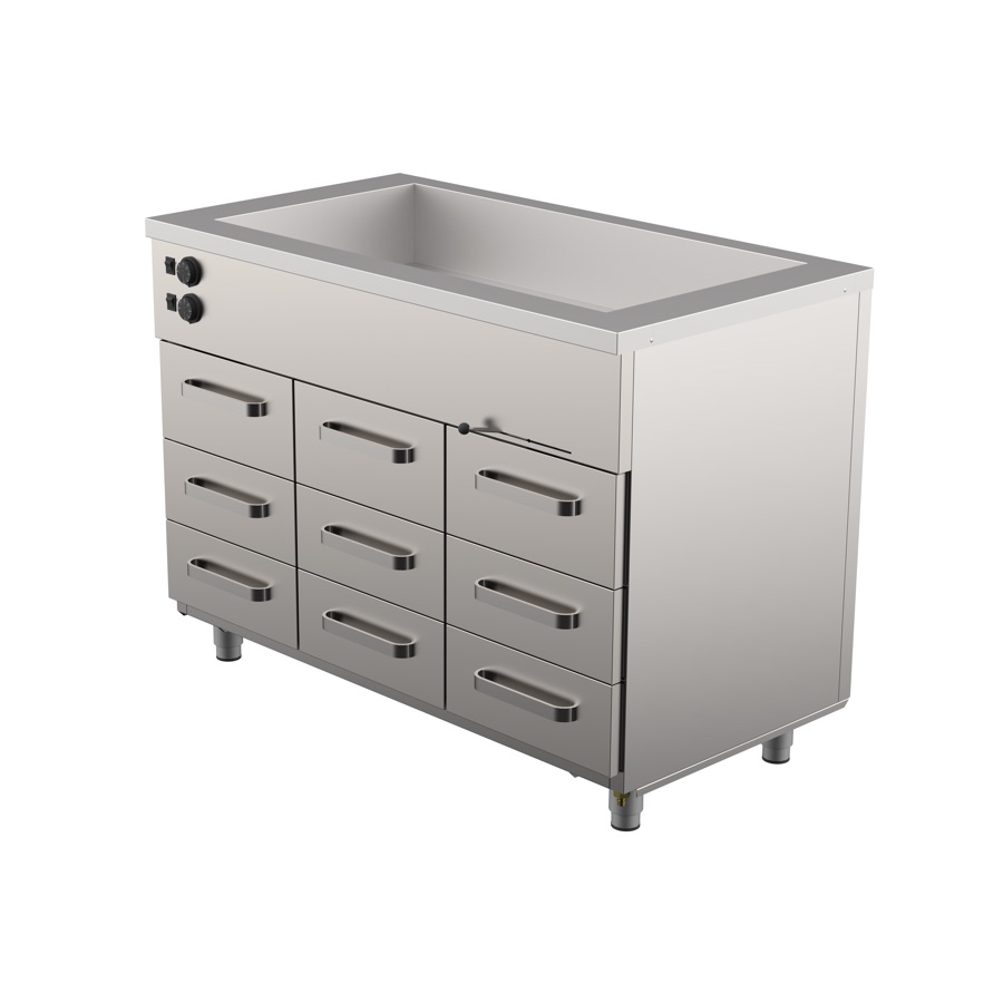 BAIN-MARIE WITH HEATED CUPBOARD 9 DRAWERS  1600mm