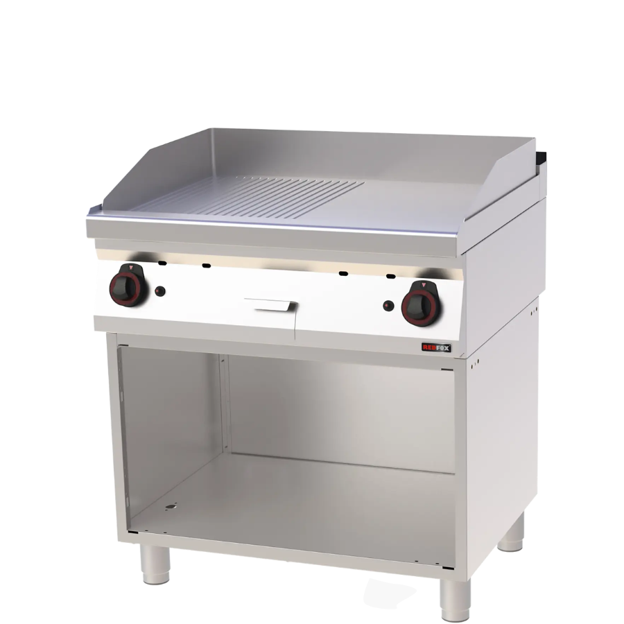 FRY-TOP GRIDDLE PLATE 80X51 GAS CHROMED COMBINED ON OPEN CABINET
