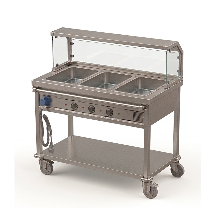 HEATED BAIN MARIE TROLLEY 3 GN 1/1 WITH SNEEZE GUARD