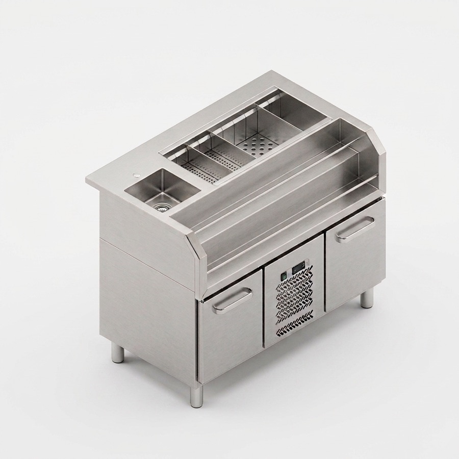 REFRIGERATED BAR COUNTER WITH ICE WELL + SINK + BOTTLES BASKET 1200mm