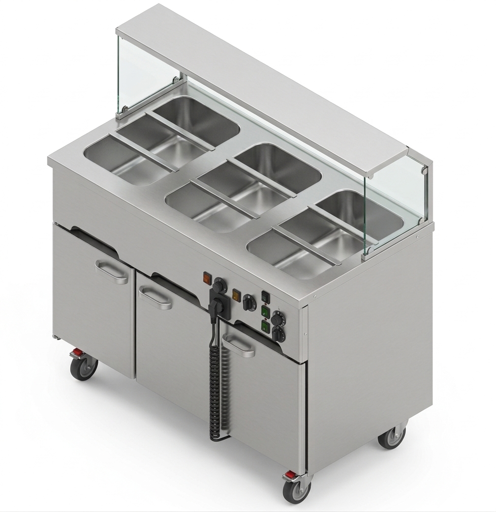 HEATED BAIN MARIE TROLLEY WITH HEATED CUPBOARD & SNEEZE GUARD  3 GN 1/1 WITH SNEEZE GUARD
