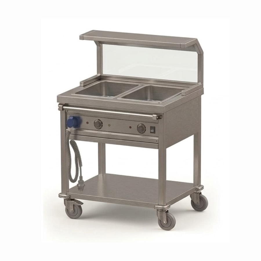 HEATED BAIN MARIE TROLLEY 2 GN 1/1 WITH SNEEZE GUARD