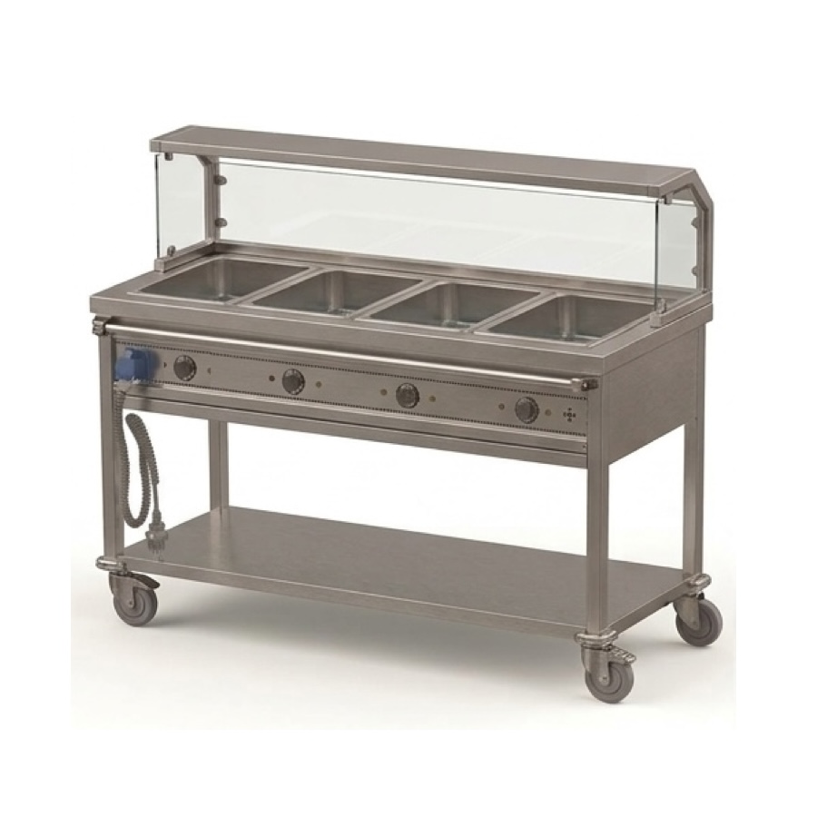HEATED BAIN MARIE TROLLEY 4 GN 1/1 WITH SNEEZE GUARD