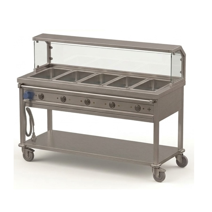 HEATED BAIN MARIE TROLLEY 5 GN 1/1 WITH SNEEZE GUARD